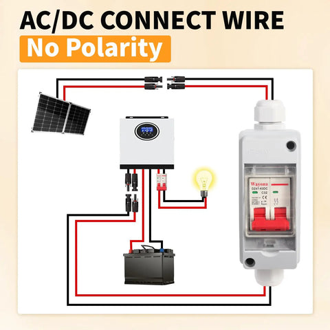 Wiring diagram with DC 500V Solar Panel Disconnect Switch 32A IP65 Waterproof Miniature Circuit Breaker Box for solar systems.