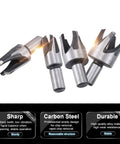 Set of four heavy duty high carbon steel wood plug cutter drill bits with rounded shanks for fixing knot holes in plywood.