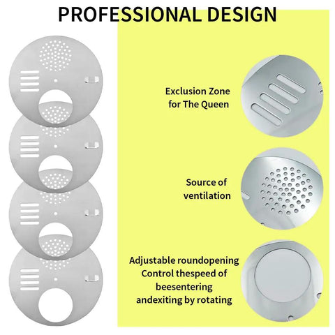 4-Pack Stainless Steel Bee Hive Entrance Discs, 4.92 Inch Diameter, with exclusion zone and ventilation holes for beekeepers.