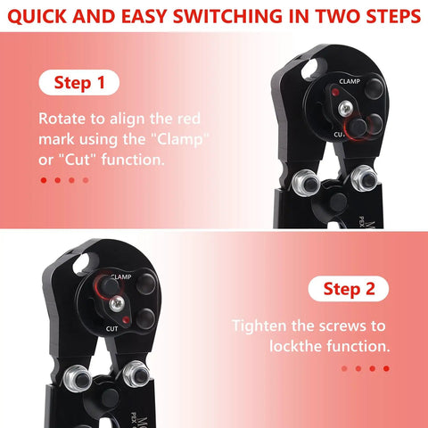Step-by-step guide for Cinch And Remove Dual Function Pex Crimp Tool With Ratchet Pex Pipe Crimper setup, showing clamp and cut functions.