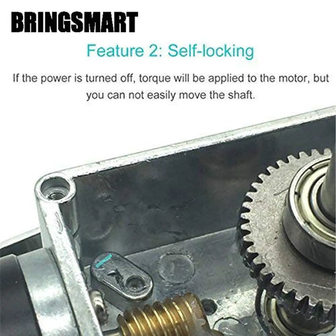 Close-up of Compact Self Locking Dc Worm Gear Motor Featuring Micro Turbine Reducer showcasing self-locking feature and gears.