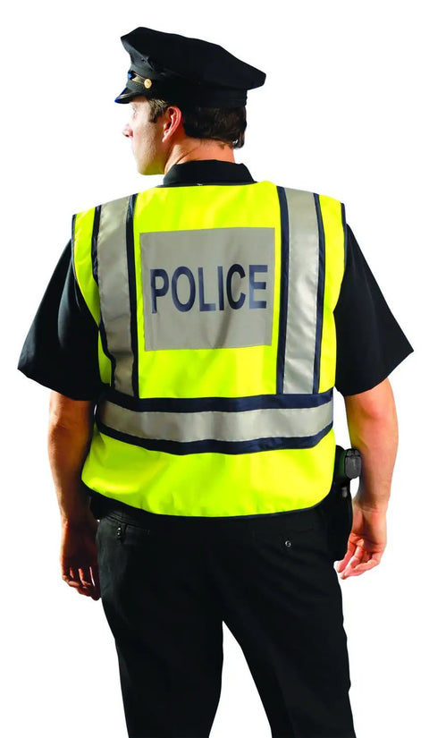 Back view of high visibility public safety vest with adjustable fit, yellow, XL to 2XL, premium reflective vest featuring 3M Scotchlite