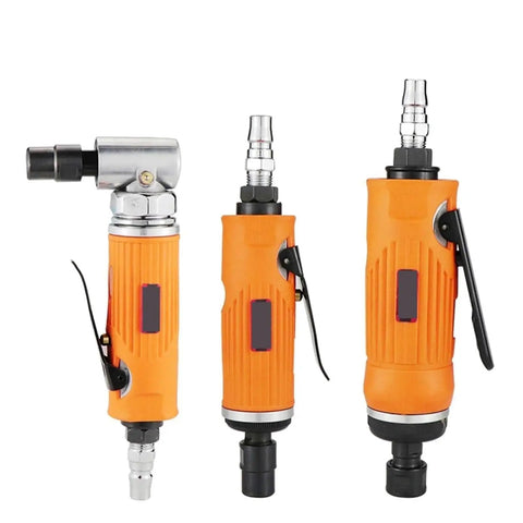Kickass Compact Pneumatic Air Hammer And Die Grinder With Adjustable Speed For Precision Metal Wood Engraving Polishing Pro Grade set of three tools with orange grips.