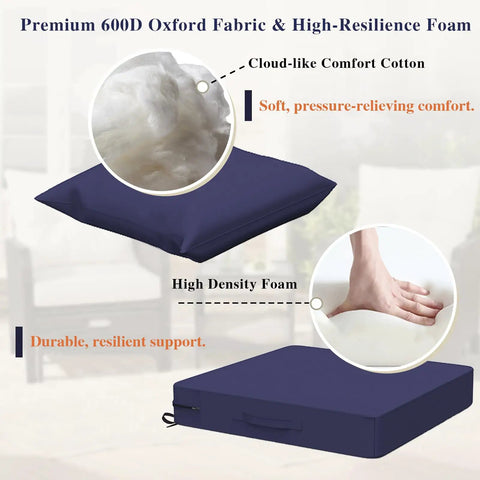 24x24 Inch Waterproof Patio Chair Cushions For Outdoor Furniture With Edge Binding Easy Carry Handle Adjustable Straps And Hook And Loop Fastener Fade Resistant Weatherproof Comfort, showing premium 600D Oxford fabric and high-resilience foam