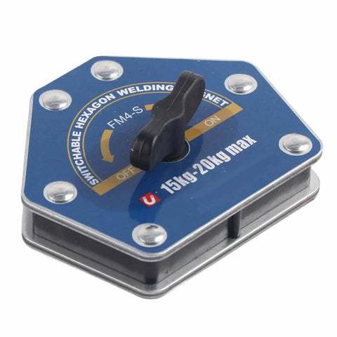 Jiawu Switchable Hex Welding Magnet Locks Down Heavy Metal With 20 Lb Force. Close-up of hexagonal magnet with switch and gauge.