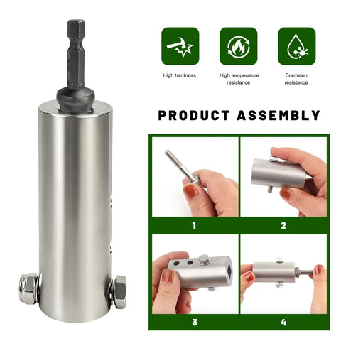 Beefed Up Trailer Jack Drill Adapter And Crank Handle Attachment Kit Featuring Half Inch Socket Converter Plus Fast Install Electric Drill Connector For One Inch Drive Shafts Camping Must Have, showing assembly steps and details.