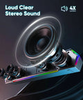 Close-up of G11 Desktop Computer Speakers With Touch Lights, highlighting 4X loud clear stereo sound capability.