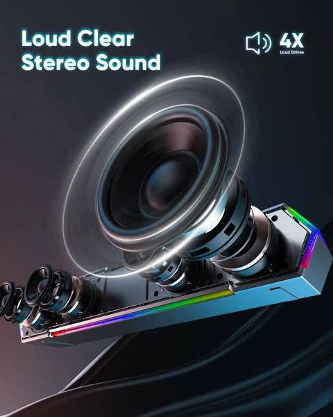 Close-up of G11 Desktop Computer Speakers With Touch Lights, highlighting 4X loud clear stereo sound capability.