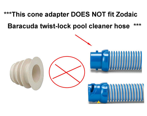 Image showing 2 Inch Skimmer Cone Adapter Cuff For In Ground Pools Fits 2 Inch Suction Port Only with non-compatible hose warning.