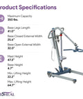 Product specifications of ProHeal Portable Electric Patient Lift With 4 Point Spreader Bar For Home Care Or Facility Use Fits Under Beds And Into Trunks Supports 350 Pounds Weight Capacity For Easy Mobility Transfers Safety First.