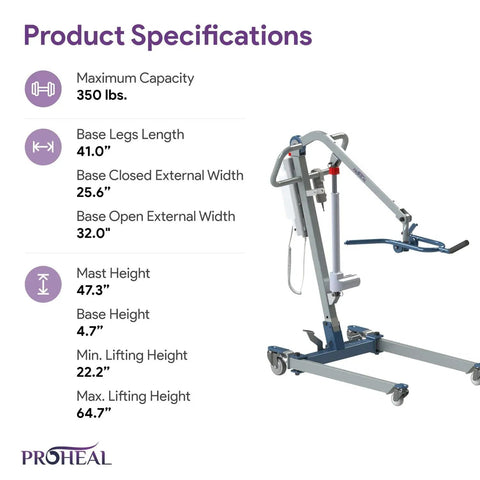 Product specifications of ProHeal Portable Electric Patient Lift With 4 Point Spreader Bar For Home Care Or Facility Use Fits Under Beds And Into Trunks Supports 350 Pounds Weight Capacity For Easy Mobility Transfers Safety First.