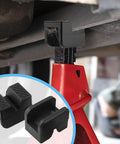 Jack pad set (8-pack) with rubber pinch-weld protectors; dual design with V-groove and round pads, shown under a jack