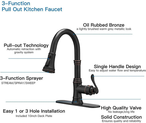 Oil Rubbed Bronze Kitchen Faucet With High Arc Gooseneck Pull Down Sprayer 3 Function Spray Head Single Handle Heavy Duty Commercial RV Kitchen Sink Faucet Solid Brass Construction Drip Free Ceramic Valve Deck Plate Included shown with labeled features.