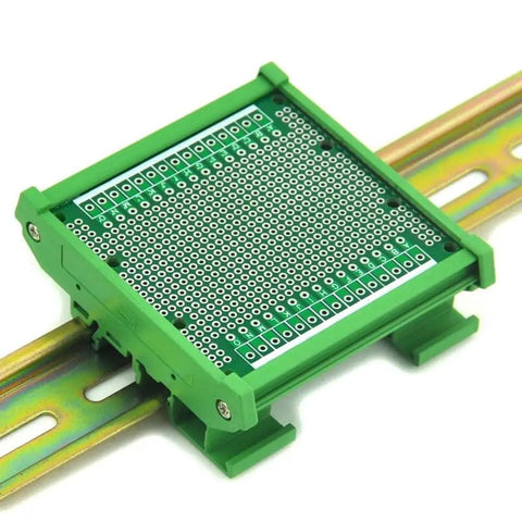Front view of DIN Rail Mounting Carrier Housing with Prototype Board for DIY Prototyping fits 35mm, 32mm, or 15mm rails in FR-4 material.