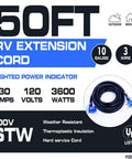 Heavy Duty 50 Foot RV Extension Cord TT30P To TT30R 30Amp With LED Indicator, Easy Unplug Design, 10 Gauge UL Listed