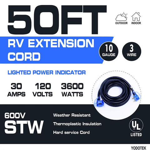 Heavy Duty 50 Foot RV Extension Cord TT30P To TT30R 30Amp With LED Indicator, Easy Unplug Design, 10 Gauge UL Listed