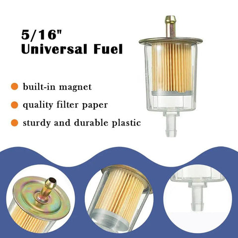 Image of 5/16 inch universal inline fuel filter with built-in magnet, quality filter paper, and durable plastic construction.