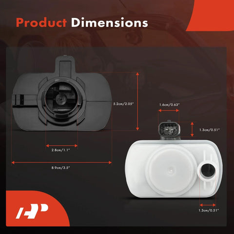 Fuel Vapor Leak Detection Pump Replacement dimensions for Jeeps, Chryslers, Dodges and Rams, front and side view.
