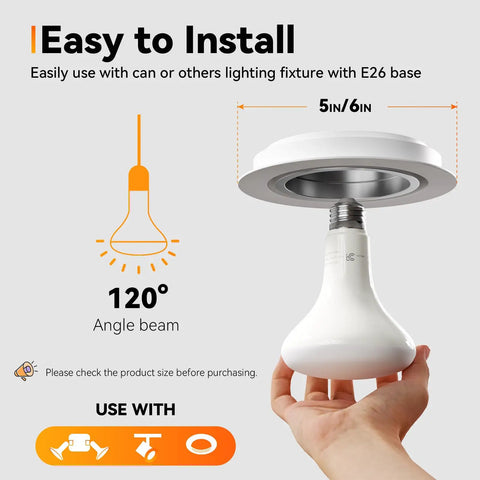 12 Pack Br30 Flood Light Bulbs For Indoor Recessed Fixtures Soft White 2700K shown being installed with E26 base for easy use.