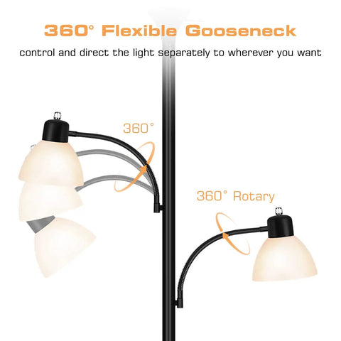 Tall Torchiere Floor Lamp With 8W Adjustable Reading Lights Industrial Tree Style Black Floor Lamp 360° gooseneck detail
