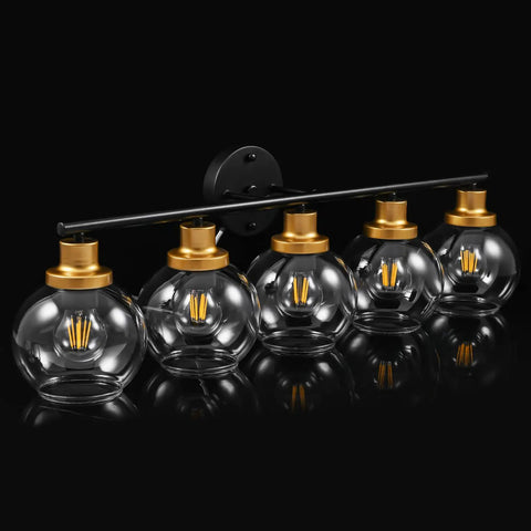 Mid Century Modern Bathroom Vanity Light Fixture With Clear Globe Glass Shades Five Light Black And Brass Gold Wall Sconce Over Mirror 36 Inch Vintage Style Bath Lighting Bulbs Not Included