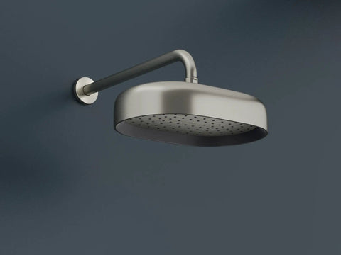 Statement 1F Wall Mount Right Arm Shower Arm for Rain Heads, 19 Inch Brass Construction, on gray wall.