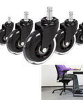 Built Tough Office Chair Caster Wheels Replacement Set Of Five Including Seven Sixteenths Inch Steel Stem, black polyurethane wheels.