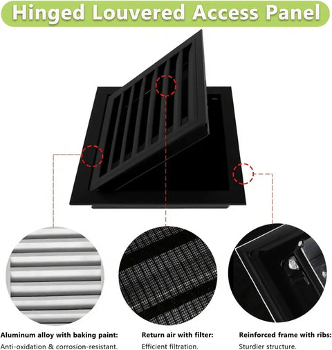 No Sweat Removable Air Vent Grille Cover With Mesh Louvered Access Panel And White Service Door Loft Hatch For Quick Pipe Runs And Drywall Fixes With Rugged Wall Or Ceiling Mount In 22X22 Inch Size - Hinged louvered access panel showing filter and reinforced structure.