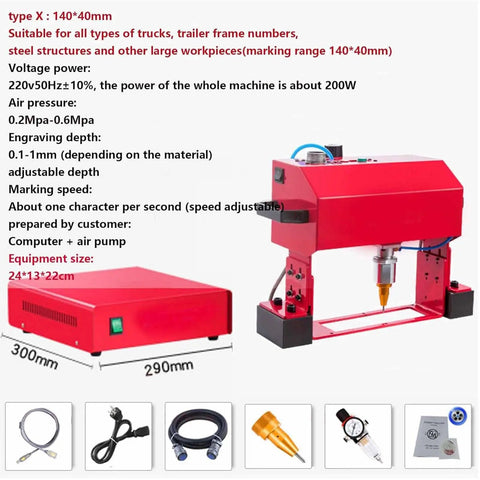 Pro Grade Zero Hassle Heavy Duty Pneumatic Dot Peen Marking Machine With Digital Display For Vin Chassis Serial Number Stamping On Steel Aluminum Carbide Tool showing red device with 140x40mm marking area.