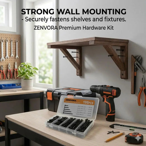 Workbench with 198 Piece Black Phosphated Screw Kit With Multi Size Assortment for DIY projects and tools for shelf installation