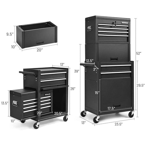 Six Drawer Rolling Tool Chest With Locking Cabinet On Wheels, 3 In 1 Tool Cabinet With Sliding Drawers And Removable Top Box