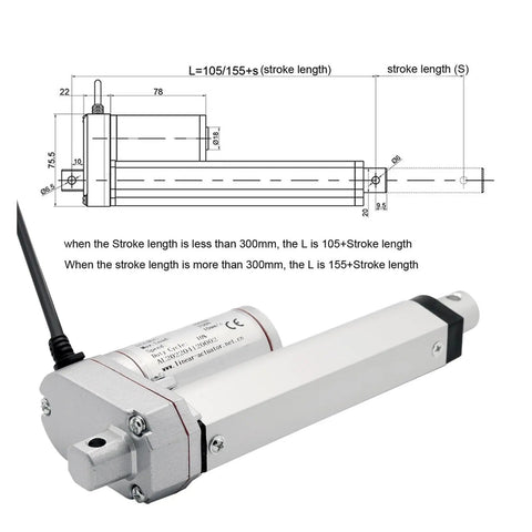 Beefy 12V 750N Linear Actuator With 50 to 300mm Stroke And 10 mm Per Second Speed Aluminum Housing IP54 IP65 Worksite Ready Front And Rear Mount Brackets For Easy Install Heavy Duty Industrial Grade Motion Device, with dimension diagram