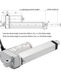Heavy Duty 12V 750N Linear Actuator With 50 To 300mm Stroke, 10 Mm Per Sec Speed, Built Tough Aluminum Housing, IP54 IP65 Protection, Front And Rear Mounting Brackets For Industrial Use, shown with mounting diagram