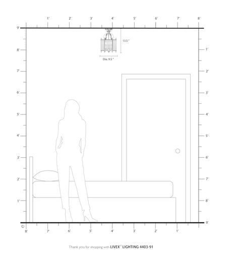 Size diagram of Three Light Brushed Nickel Hanging Lantern Or Flush Mount Chandelier With Clear Beveled Glass for dining room or foyer.