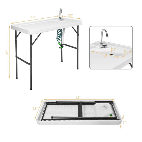Portable Outdoor Fish Cleaning Table With Sink And Sprayer, heavy duty steel fillet station, folded and unfolded views