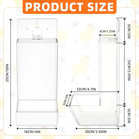 Clear Acrylic Oyster Shell And Grit Feeder For Chickens With Heavy Duty Lid and No Sweat Wall Mount Clips, dimensions 25x10x10cm.