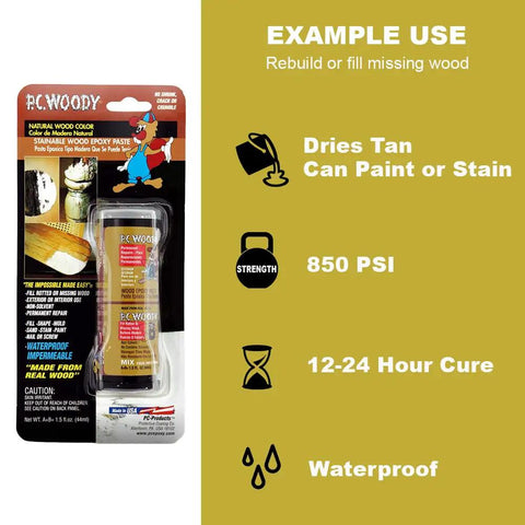 Wood Repair Epoxy Paste And Wood Hardener Kit DIY Friendly with packaging, showing 24 Oz Woody Paste details and uses.