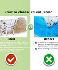 Comparison chart showing pros of Large Viewing Ant Farm For Live Ants And Sand Habitat versus another ant farm type.