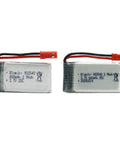 Five Pack 3.7V 800mAh 25C Rechargeable LiPo Batteries With JST Plug And All In One 4 In 1 Charging Board For MJX X300C X400W X600 X800 RC Quadcopter Drones High Capacity Power Up With Burst 50C, two of the batteries shown with JST plugs.
