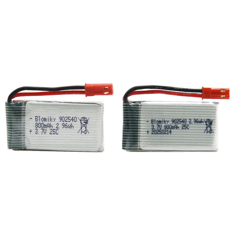 Five Pack 3.7V 800mAh 25C Rechargeable LiPo Batteries With JST Plug And All In One 4 In 1 Charging Board For MJX X300C X400W X600 X800 RC Quadcopter Drones High Capacity Power Up With Burst 50C, two of the batteries shown with JST plugs.