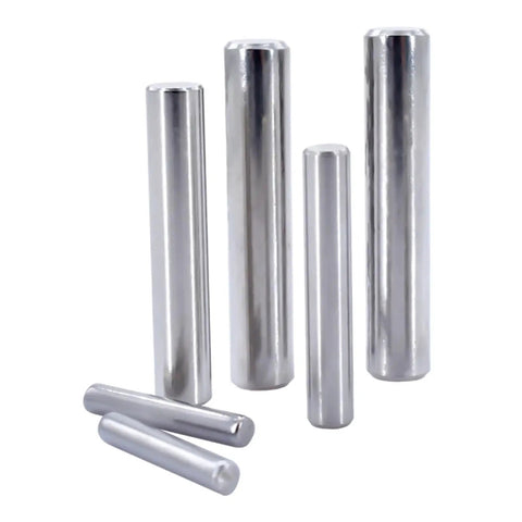 Top Tier 304 Stainless Steel Cylindrical Dowel Pins For Heavy Duty Projects Featuring Smooth Rounded Heads And Chamfered Ends To Fit M1-M10 Size Ranges Perfectly, showing five varying lengths.