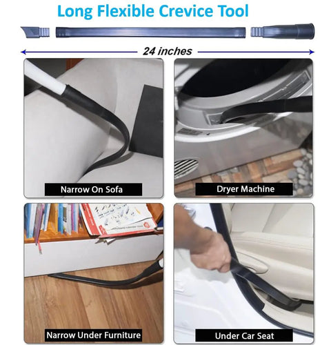 All-In-One Vacuum Attachment Kit showing long flexible crevice tool for sofas, dryers, furniture & car seats, 24 inches