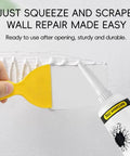 Drywall Repair Kit With Scraper 2 Pack Wall Putty For Mildew Peeling Paint Graffiti And Quick Fix For Cracks Dents And Scratches Includes Sandpaper Gloves And Precision Nozzle Tip No Pro Skills Needed, showing hand using putty and scraper on wall.