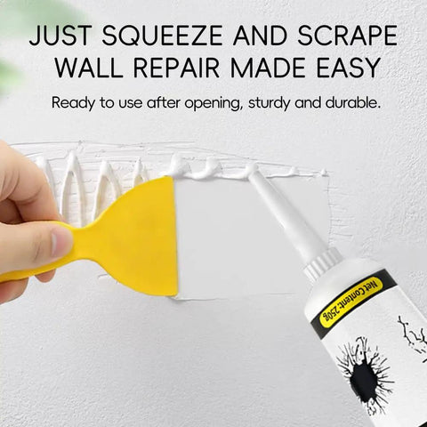 Drywall Repair Kit With Scraper 2 Pack Wall Putty For Mildew Peeling Paint Graffiti And Quick Fix For Cracks Dents And Scratches Includes Sandpaper Gloves And Precision Nozzle Tip No Pro Skills Needed, showing hand using putty and scraper on wall.