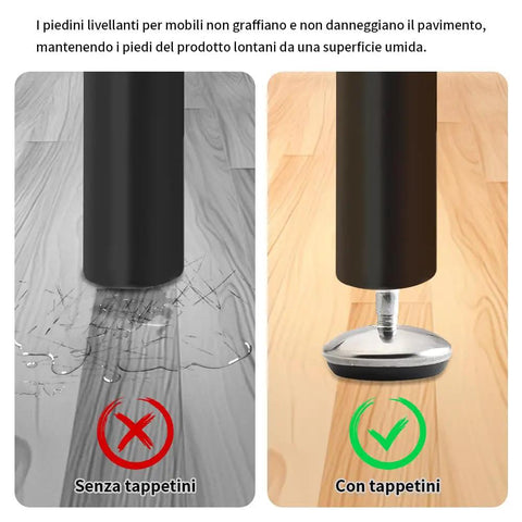 Set Of Four M10 Threaded Adjustable Swivel Leveling Feet Featuring Premium Soft Rubber Pads For Heavy Machinery Support And Rock Solid Game Changing Stability In Any Workshop with surface comparison showing effectiveness.