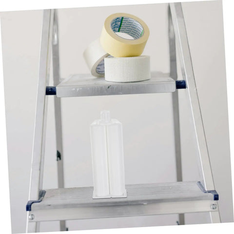 Dual Component AB Glue Cartridge With Piston For Epoxy Gun Adhesive Dispenser Tubes Plastic Dual Glue Tube For Pro Shop And DIY Use High Volume Reliable Flow For Large Batch Dispensing With Mixer Continuous white cartridge on ladder shelf