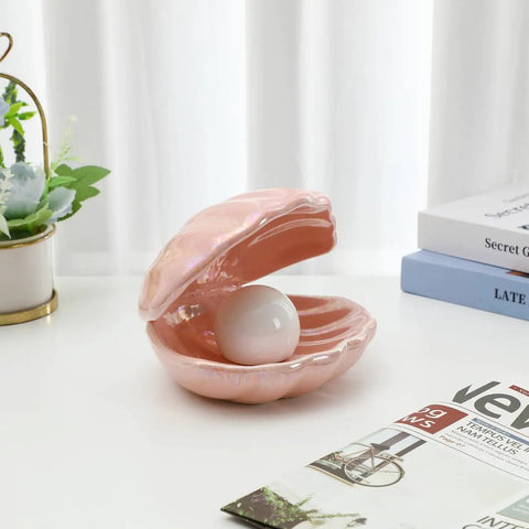 Ceramic Seashell LED Mood Lamp with glowing pearl, tabletop decor for cozy evenings; Seashell LED Mood Lamp, Portable Pearl Night Light