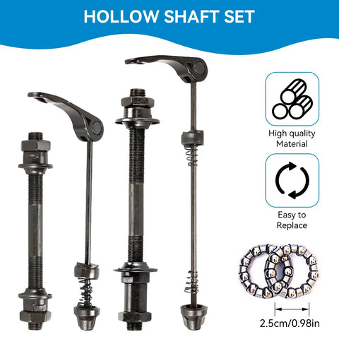 Dope Quick Release Bike Axle Skewer Set For Front And Rear Hubs, Hollow Shaft Wheel Hub Kit with Steel Ball Bearings displayed