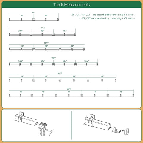 Diagram of Beefy 16Ft Heavy Duty Black Exterior Sliding Barn Door Track Kit For Double Doors with track measurements.