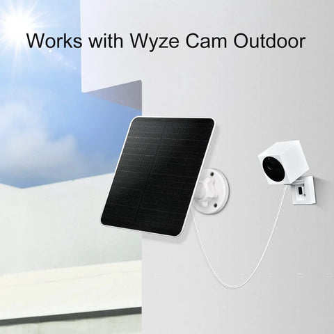6W Solar Panel For Outdoor Security Cameras With Micro USB Port, compatible with Wyze Cam, mounted outside, weatherproof.